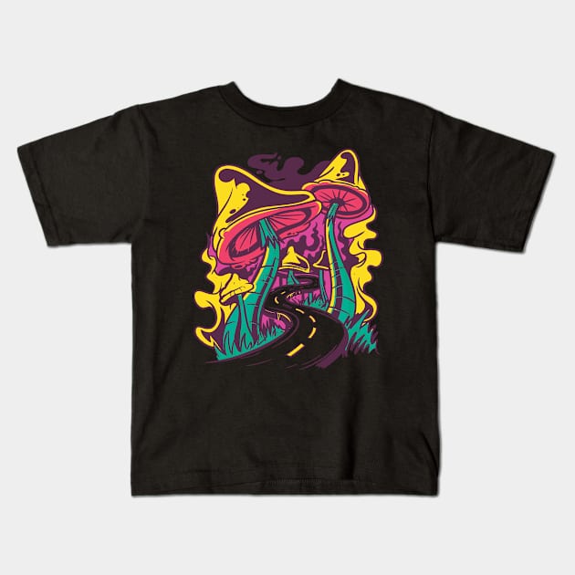 Trippy Mushroom Road Kids T-Shirt by Printroof